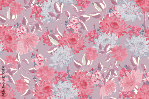 Delicate vector floral seamless pattern. Pink, grey, silver flowers, branches, leaves isolated on a dusty pink background. 