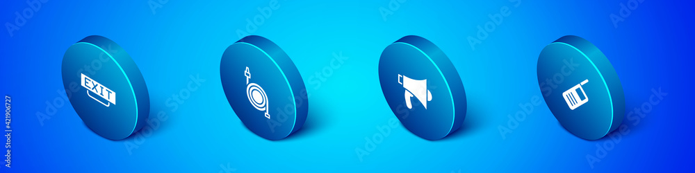 Set Isometric Fire exit, Megaphone, Walkie talkie and hose reel icon. Vector Set Isometric Fire exit, Megaphone, Walkie talkie and hose reel icon. Vector