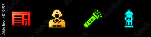 Set Building of fire station, Firefighter, Flashlight and hydrant icon. Vector