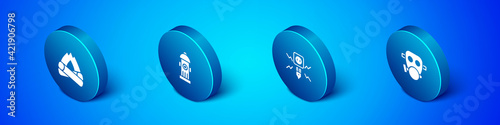 Set Isometric Campfire, Electricity spark, Gas mask and Fire hydrant icon. Vector