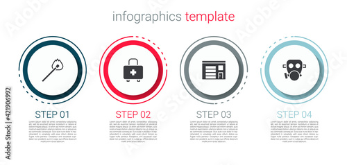 Set Burning match with fire, First aid kit, Building of station and Gas mask. Business infographic template. Vector