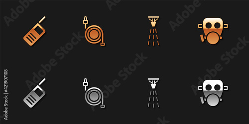 Set Walkie talkie, Fire hose reel, sprinkler and Gas mask icon. Vector