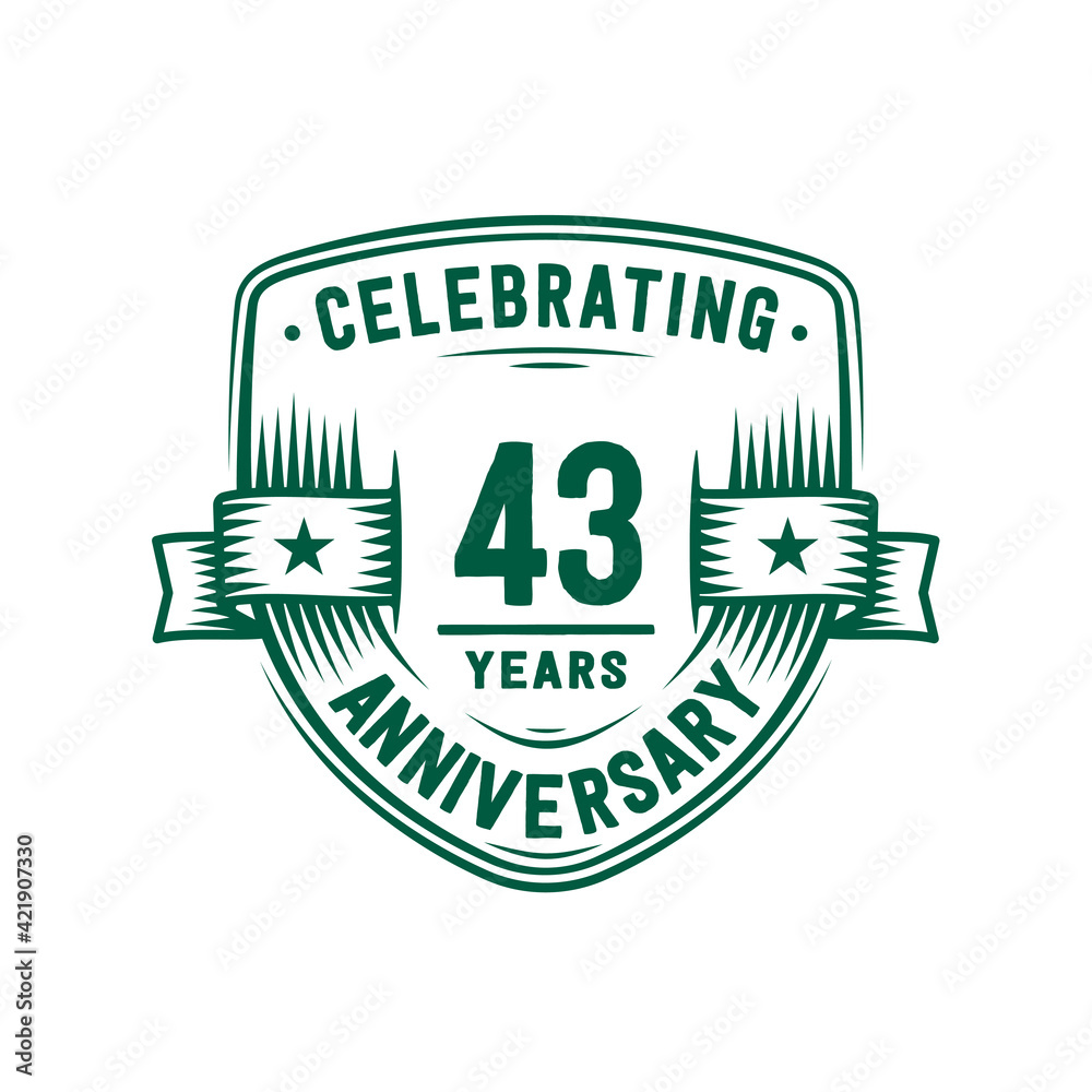 43 years anniversary celebration shield design template. 43rd anniversary logo. Vector and illustration. 43 years anniversary celebration shield design template. 43rd anniversary logo. Vector and illustration.