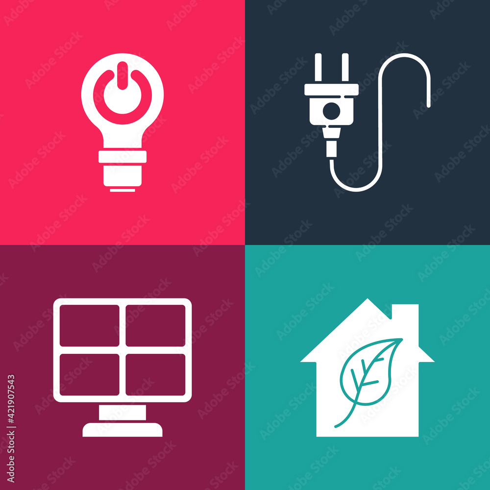 Set pop art Eco friendly house, Solar energy panel, Electric plug and Light bulb with lightning icon. Vector Set pop art Eco friendly house, Solar energy panel, Electric plug and Light bulb with lightning icon. Vector