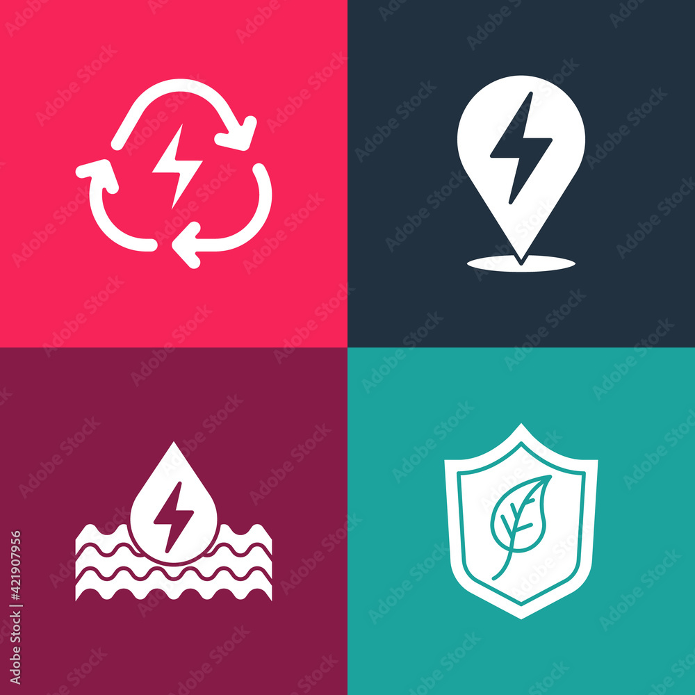Set pop art Shield with leaf, Water energy, Lightning bolt and Battery recycle icon. Vector Set pop art Shield with leaf, Water energy, Lightning bolt and Battery recycle icon. Vector