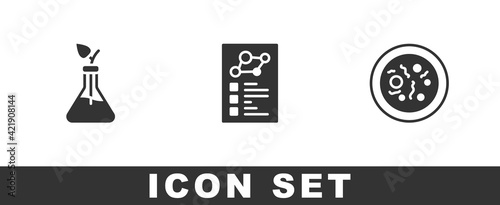 Set Plant breeding, Clinical record and Petri dish with bacteria icon. Vector