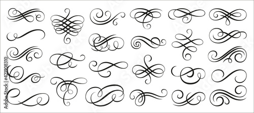 Vintage swirl ornament, line style flourishes set. Filigree calligraphic ornamental curls. Decorative retro design elements for menu, certificate diploma, wedding invatation card, outline text divider photo