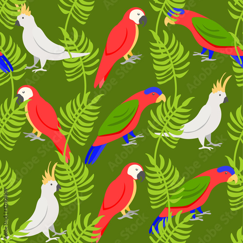 Seamless vector pattern with tropic parrots and plants for clothes, sets of bed-linen, textile, etc