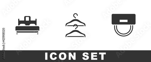 Set Bedroom, Hanger wardrobe and Bellboy hat icon. Vector