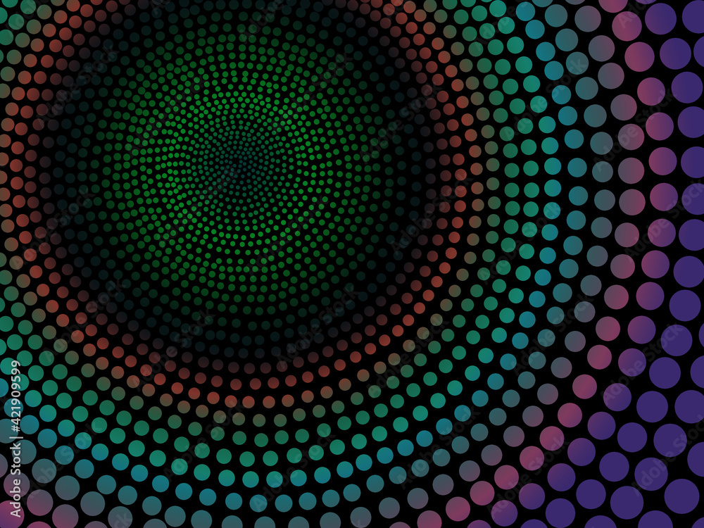 Abstract artwork design of a dark palette rainbow colored circle pattern with black background ofr darker themed project. Abstract artwork design of a dark palette rainbow colored circle pattern with black background ofr darker themed project.