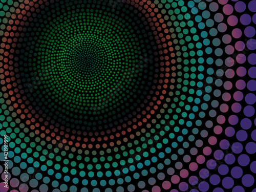 Abstract artwork design of a dark palette rainbow colored circle pattern with black background ofr darker themed project. 