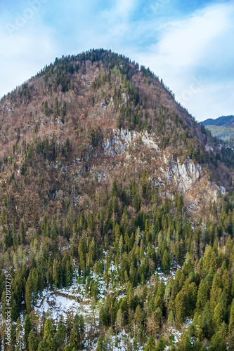 Ritsa Relict National Park. Observation Deck Farewell Homeland. Abkhazia. Aerial view drone. valley of snow-capped mountains, many trees on slopes. Lake photo