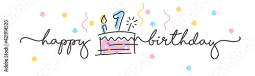 1st Birthday handwritten typography lettering Greeting card with colorful big cake, sparkle firework, number, candle and confetti