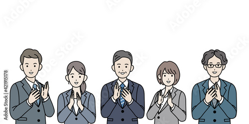 拍手　歓迎　祝う　会社員　スーツ姿　男女　上半身　イラスト素材