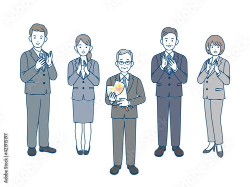定年退職　年配の男性　拍手　祝う　会社員　スーツ姿　男女　全身　イラスト素材
