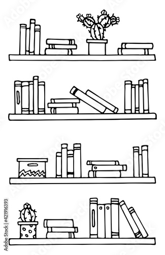 Books on the Bookshelves in Doodle style for notebooks, posters, postcards. Vector EPS 10
