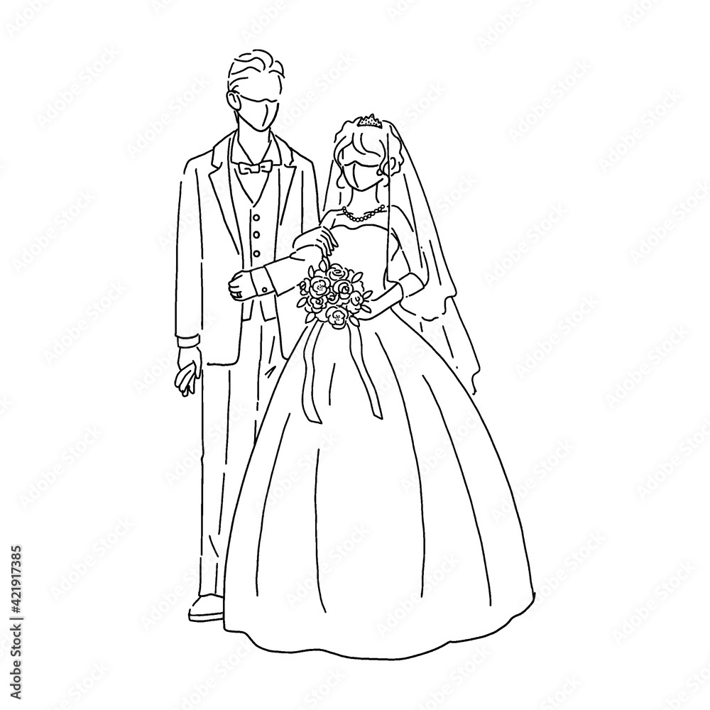 マスクをしている新郎新婦 手描き線画イラスト マスクをしている新郎新婦 手描き線画イラスト