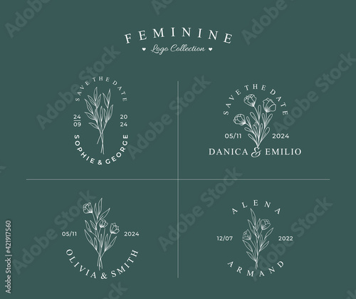 Beautiful hand-drawn feminine logo with a badge collection set