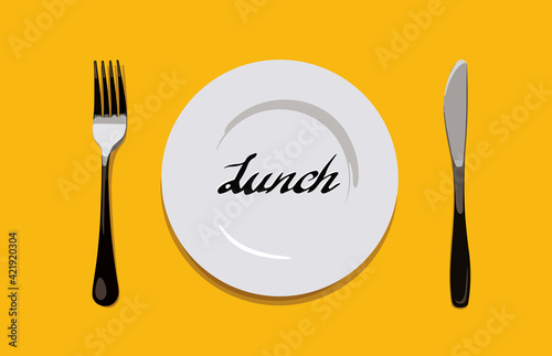 A white plate on which the word Lunch is written standing on a yellow tablecloth . The concept of a balanced diet, ration and medical fasting. Top view, white background, copy space.