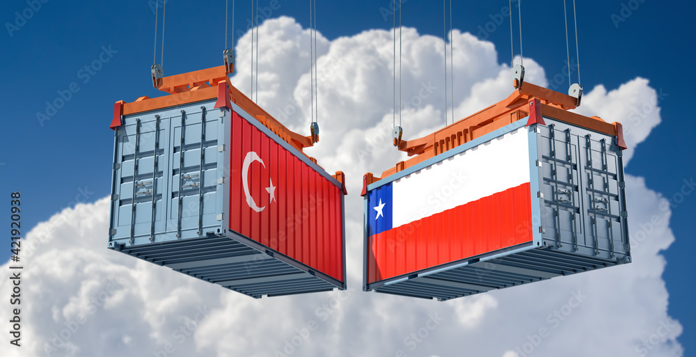 Freight containers with Chile and Turkey flag. 3D Rendering 