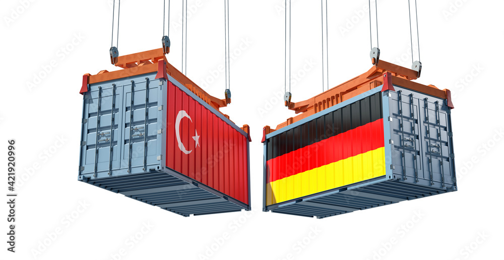 Freight containers with Turkey and Germany flag. 3D Rendering 