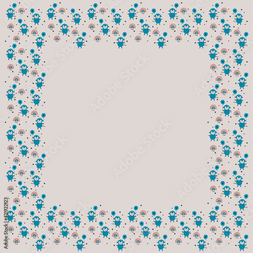 Children's square frame of cute joyful blue sheeps holding balloons, rainbows, hand letterings "Be happy", hearts and stars on a beige background for baby shower invitation, nursery design. Vector.