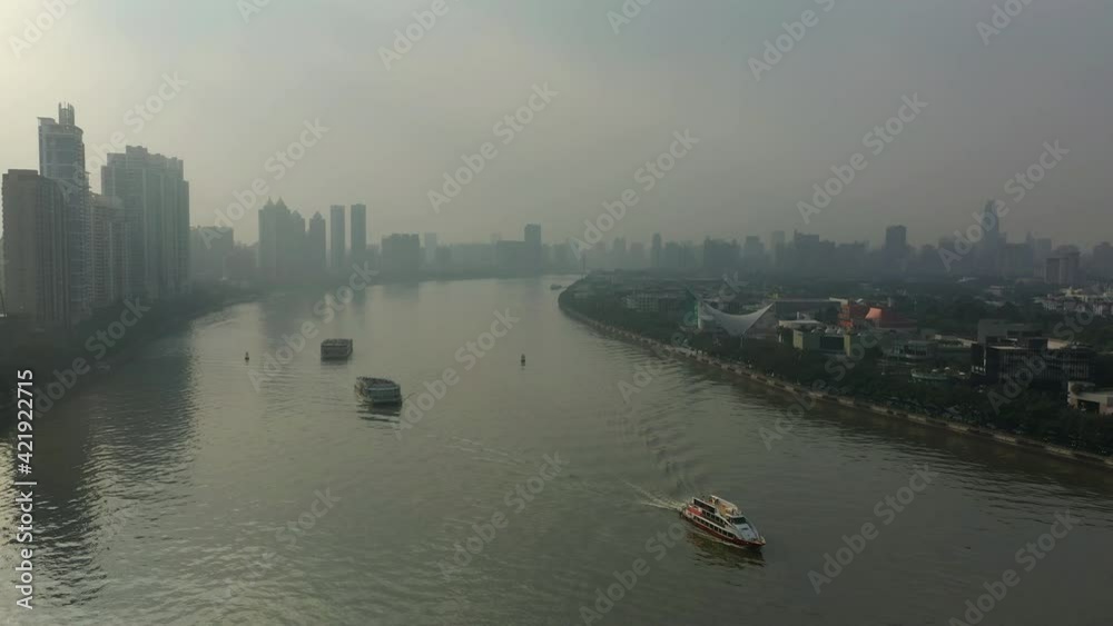 sunny evening guangzhou city pearl river traffic aerial panorama 4k china sunny evening guangzhou city pearl river traffic aerial panorama 4k china