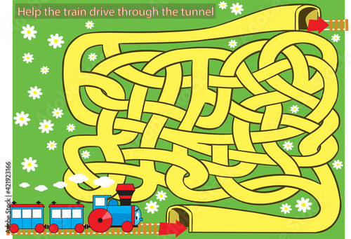 Vector illustration with a labyrinth where you need to help the locomotive find the way out of the tunnel