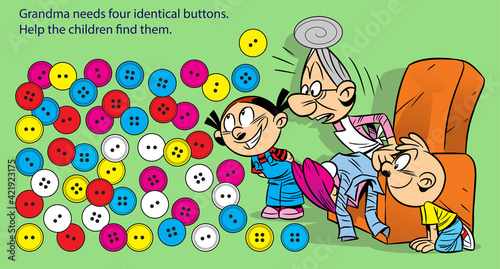 The vector illustration shows a puzzle in which the children have to help the grandmother to find four identical buttons