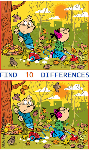 Illustration with a puzzle where you need to find ten differences in the pictures with children removing fallen leaves