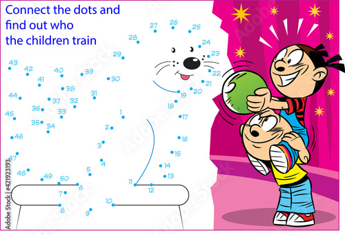 The vector illustration shows a puzzle where it is necessary to connect the dots in order to find out who the children train in the circus