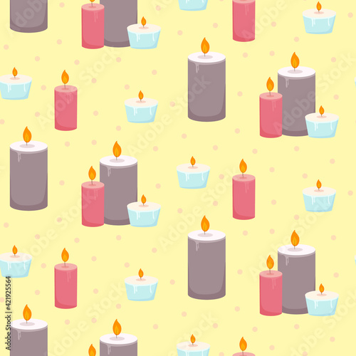 Burning paraffin wax aromatic scented candles seamless pattern. Aromatherapy and relaxation for spa. Cute home decoration, hygge, holidays, salon, romantic, mystical vector background