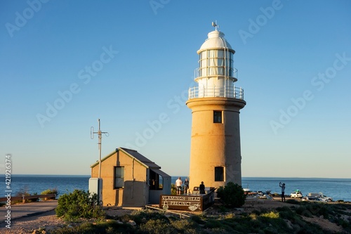 Vlamingh Head Precinct lighthouse in Western Australia near Exmouth during sunset