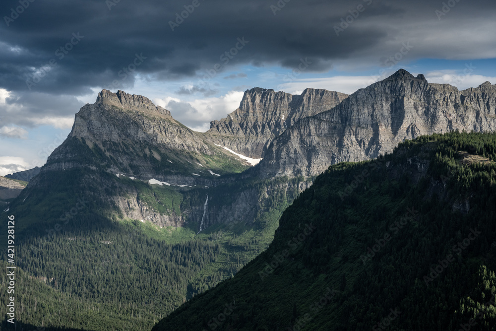 Distant View of Logan Pass and Birdwoman Falls