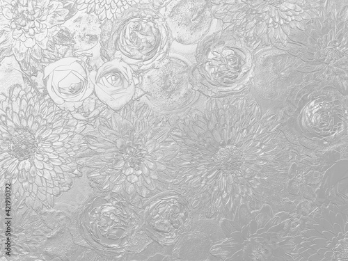 Silver background of 3d processed asters, roses and apples