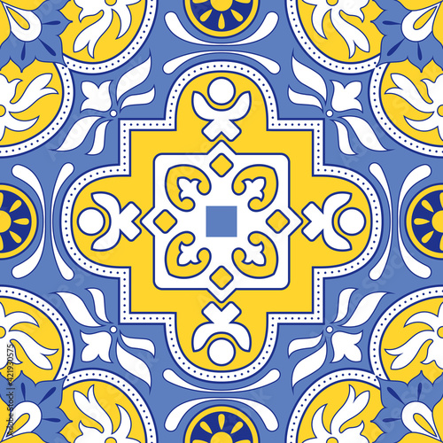 Talavera seamless pattern mosaic tiles, Mexican design azulejo