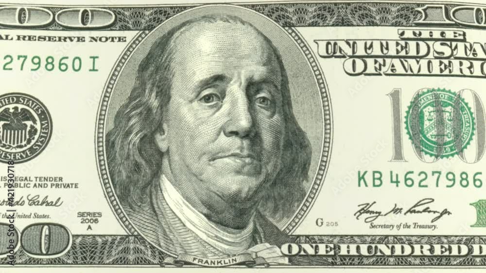 One hundred dollars. Benjamin Franklin is sad. An animated face of Benjamin Franklin on a hundred dollar bill. Two luma matte channels.