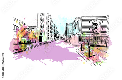 Building view with landmark of Nantes is the 
city in France. Watercolour splash with hand drawn sketch illustration in vector. photo