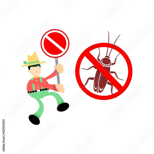 farmer man agriculture chase away stop Cockroach pest insect cartoon doodle flat design style vector illustration