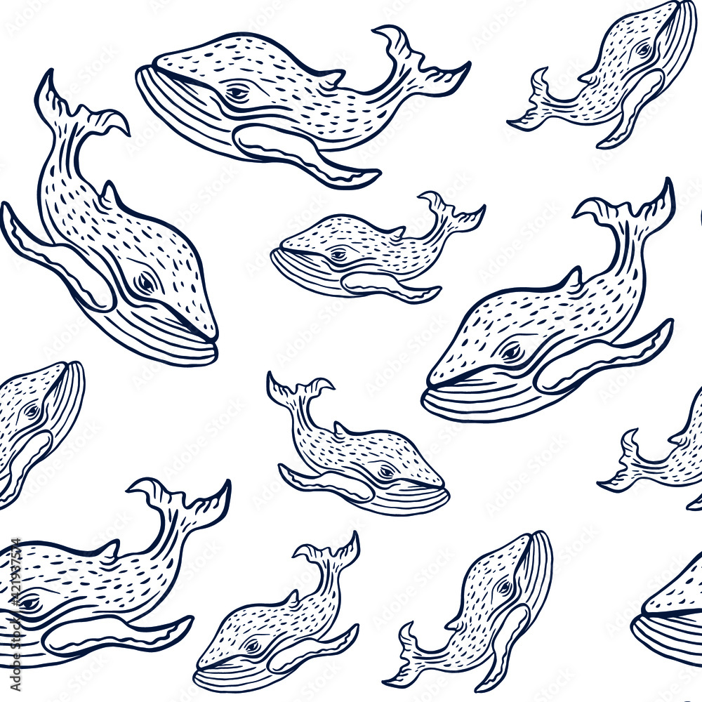 Fototapeta premium Seamless sea pattern with cute funny whales. Hand drawn ink brush mammal animal character. Engraving style sketch vector illustration. Summer marina background. Childish texture for fabric, textile