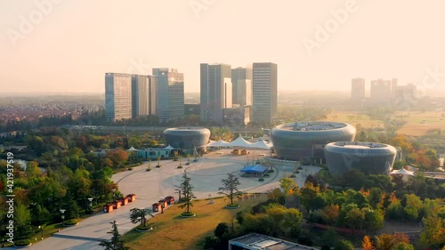 Aerial view of Luoma Lake Park in Suqian, Jiangsu Province on a fine autumn morning photo