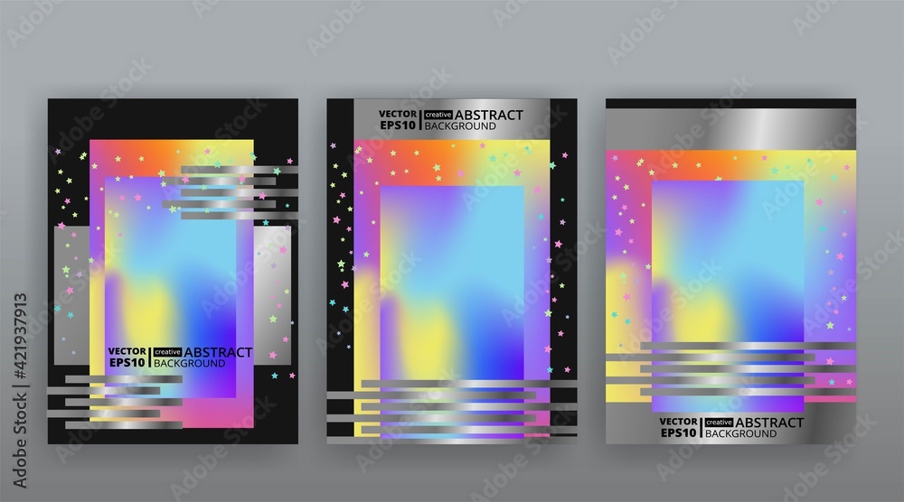 Holographic abstract page templates set retro wave glitch creative hipster, neon and pastel gradient colors.