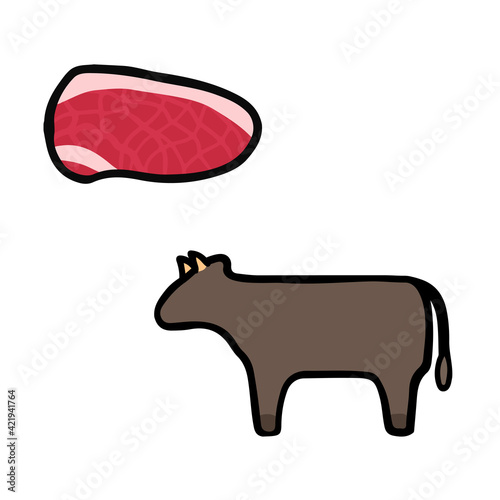 シンプルでかわいい牛肉と肉牛のイラストセット 手書き風