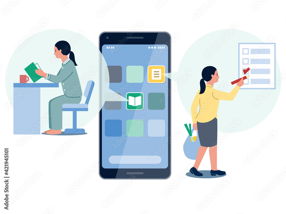 Fototapeta premium スマホ画面のモバイルアプリやコンテンツアイコンのベクターイラスト
