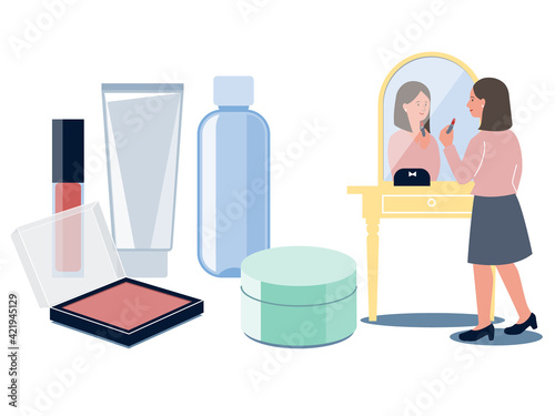 鏡に向かって化粧をする女性と基礎化粧品やメイク道具のベクターイラスト