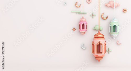 Photography Islamic decoration background with lantern and crescent cartoon style, ramadan kareem, mawlid, iftar, isra miraj, eid al fitr adha, muharram, copy space text area, 3D illustration