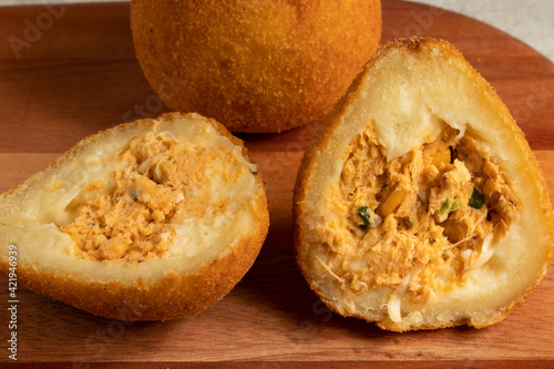 Fotografie Close up of coxinha of chicken. Brazilian snack.