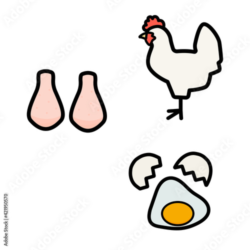 シンプルでかわいい鶏と鶏卵と鶏肉のイラストセット