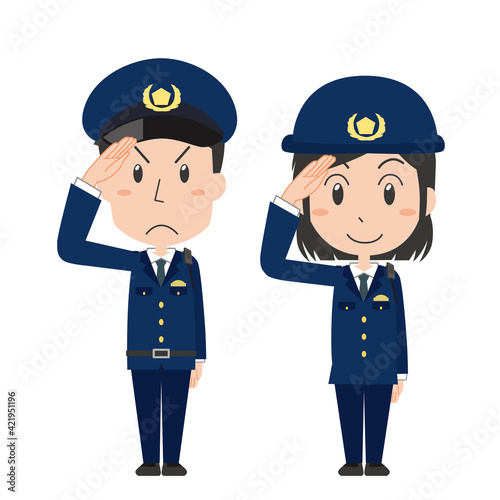 敬礼する男女警察官の全身イラストセット