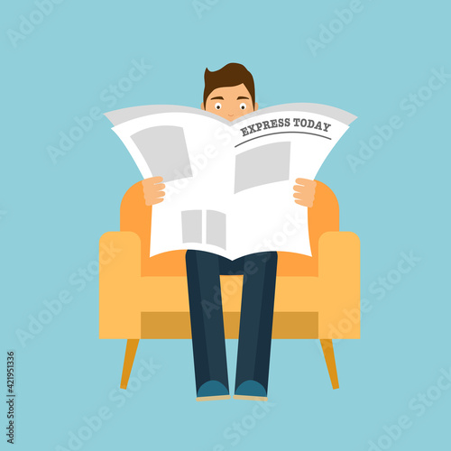 Man sitting on armchair and reading newspaper in flat design. Reading social events, financial business news.